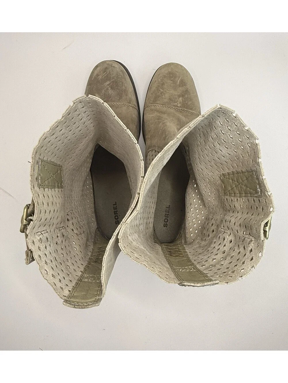 Sorel Major  Pull On Taupe Leather Boots Perforated Laser Cut Women’s Size 9